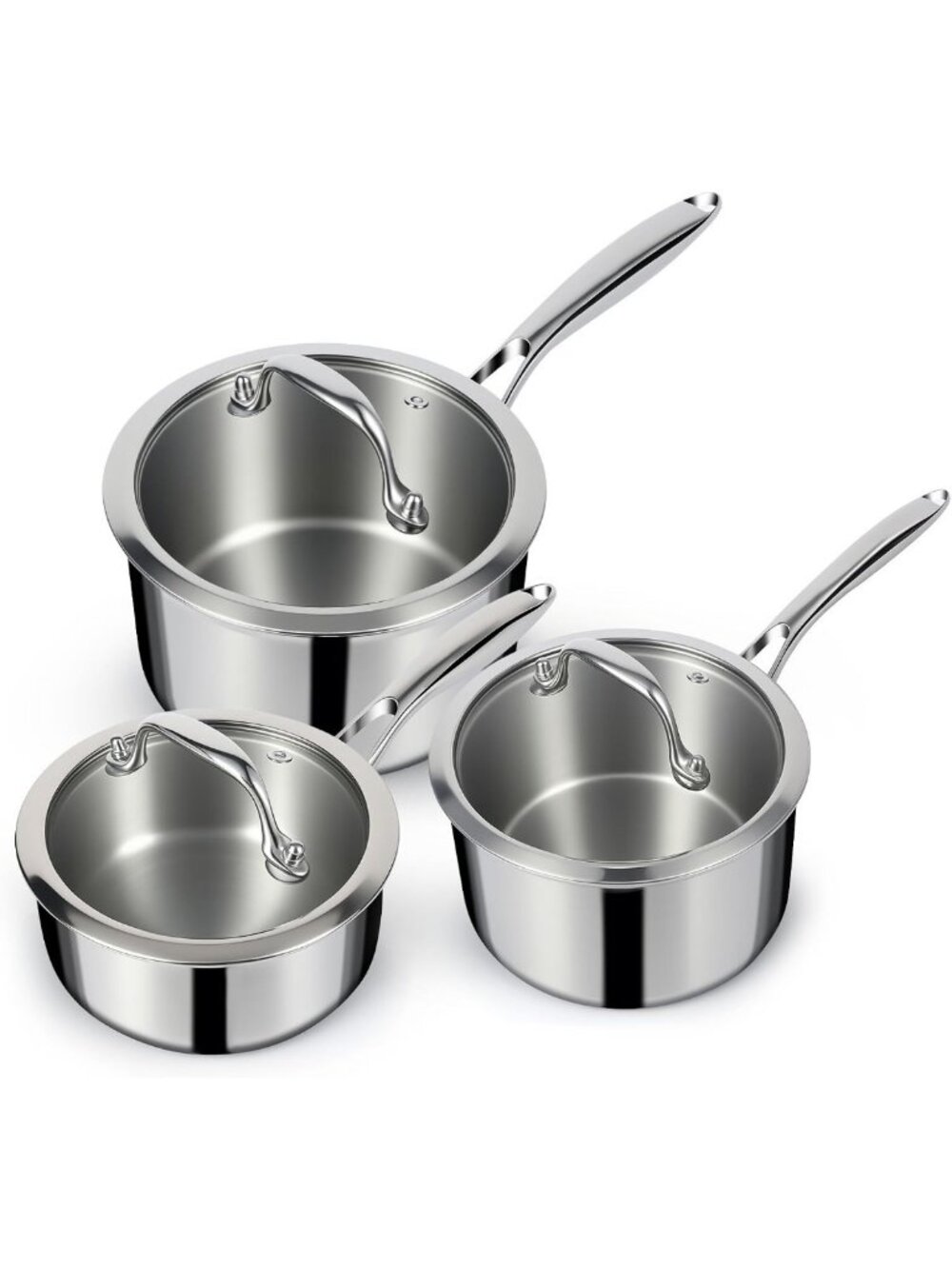 3-Ply Stainless Steel Saucepan Set with Lids - 1QT, 2QT, 3QT - Induction